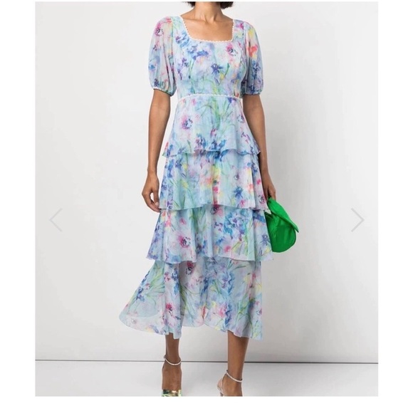 NWOT Marchesa Notte Tiered Floral Puff Sleeve Dress Blue Pastel size 6 - Picture 2 of 6